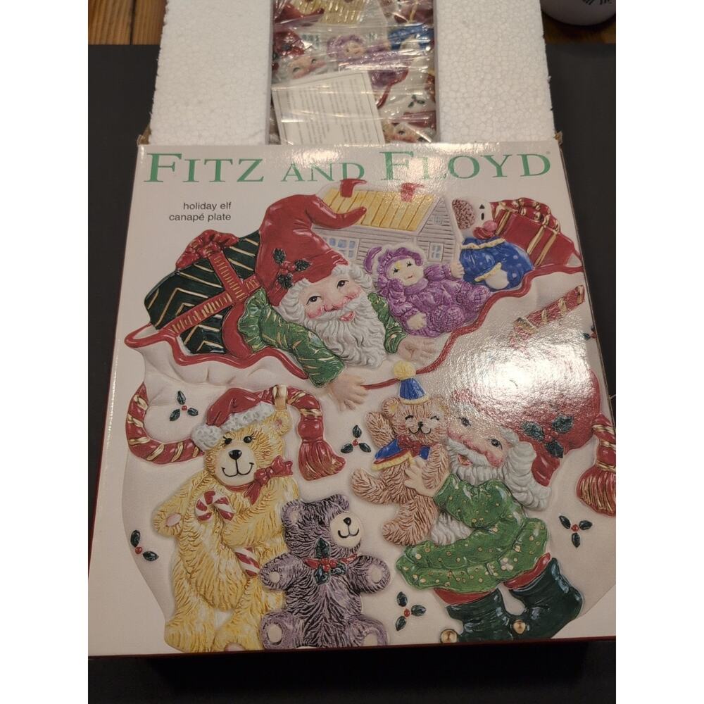 VTG Fitz & Floyd 2003 Christmas Santa Holiday Elf Canape 9"‎ Plate,New Old Stock